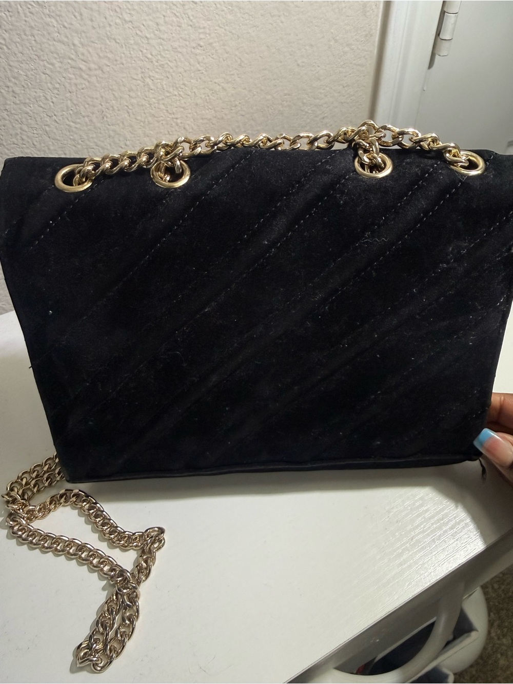 Black Quilted Velvet Chain Shoulder Bag